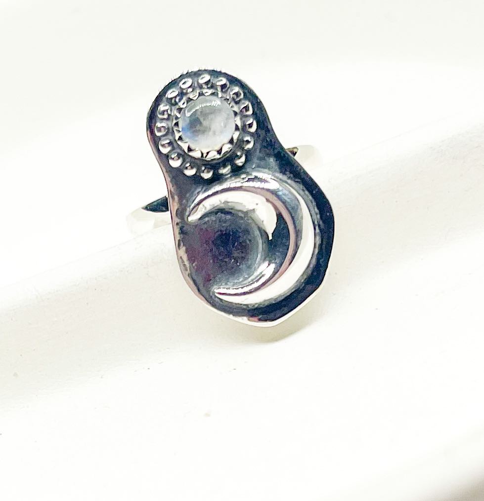 Rainbow Moonstone Moon Ring - Solid Sterling Silver