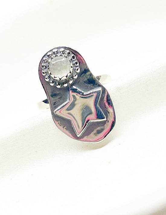 Load image into Gallery viewer, Rainbow Moonstone And Star Adjustable Ring-Solid Sterling Silver
