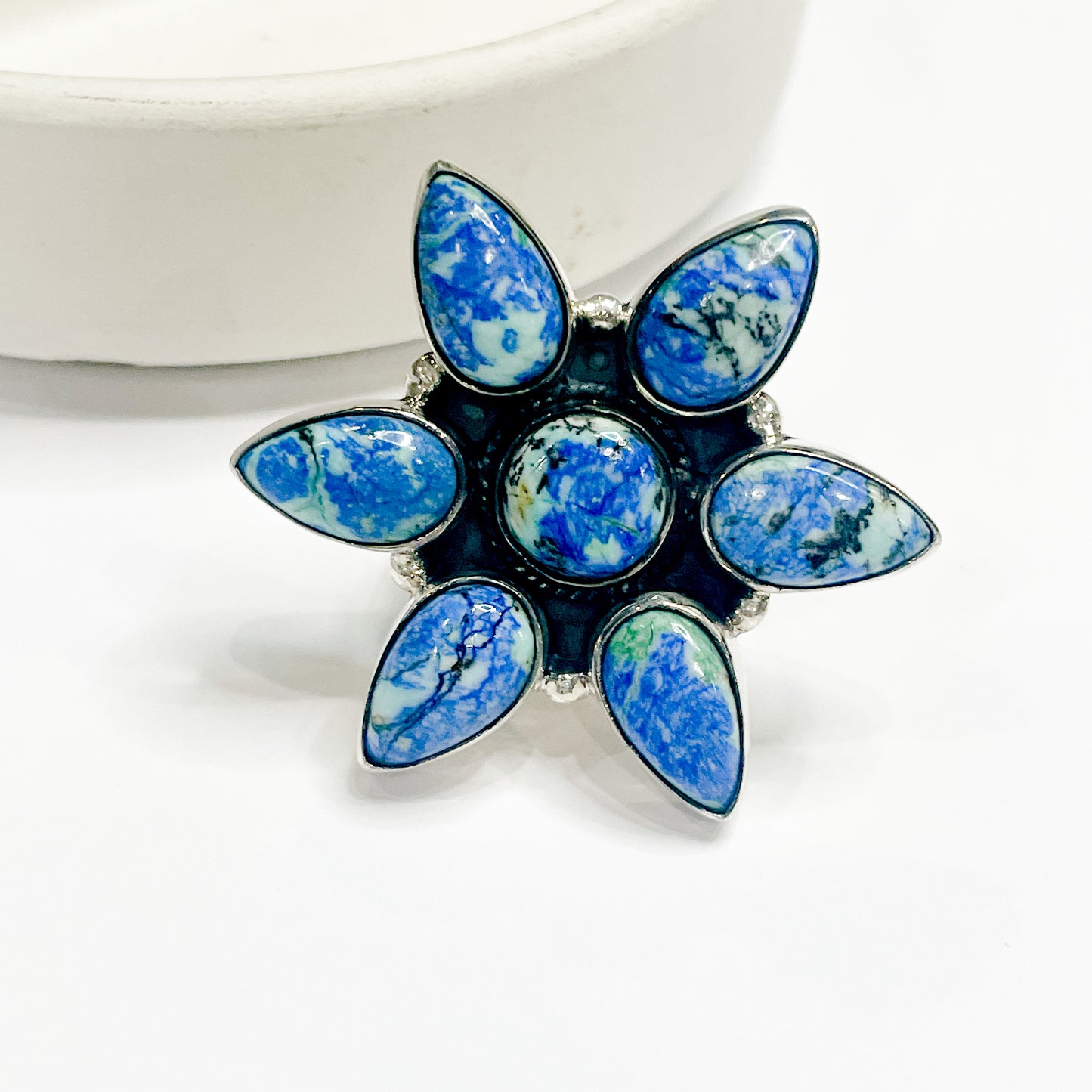 Azurite Malachite & Turqouise Adjustable Ring - Solid sterling Silver