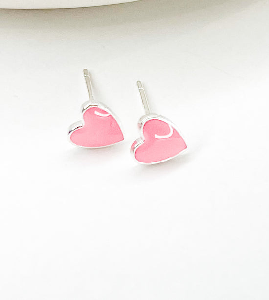 Pink Heart Studs - Solid Sterling Silver