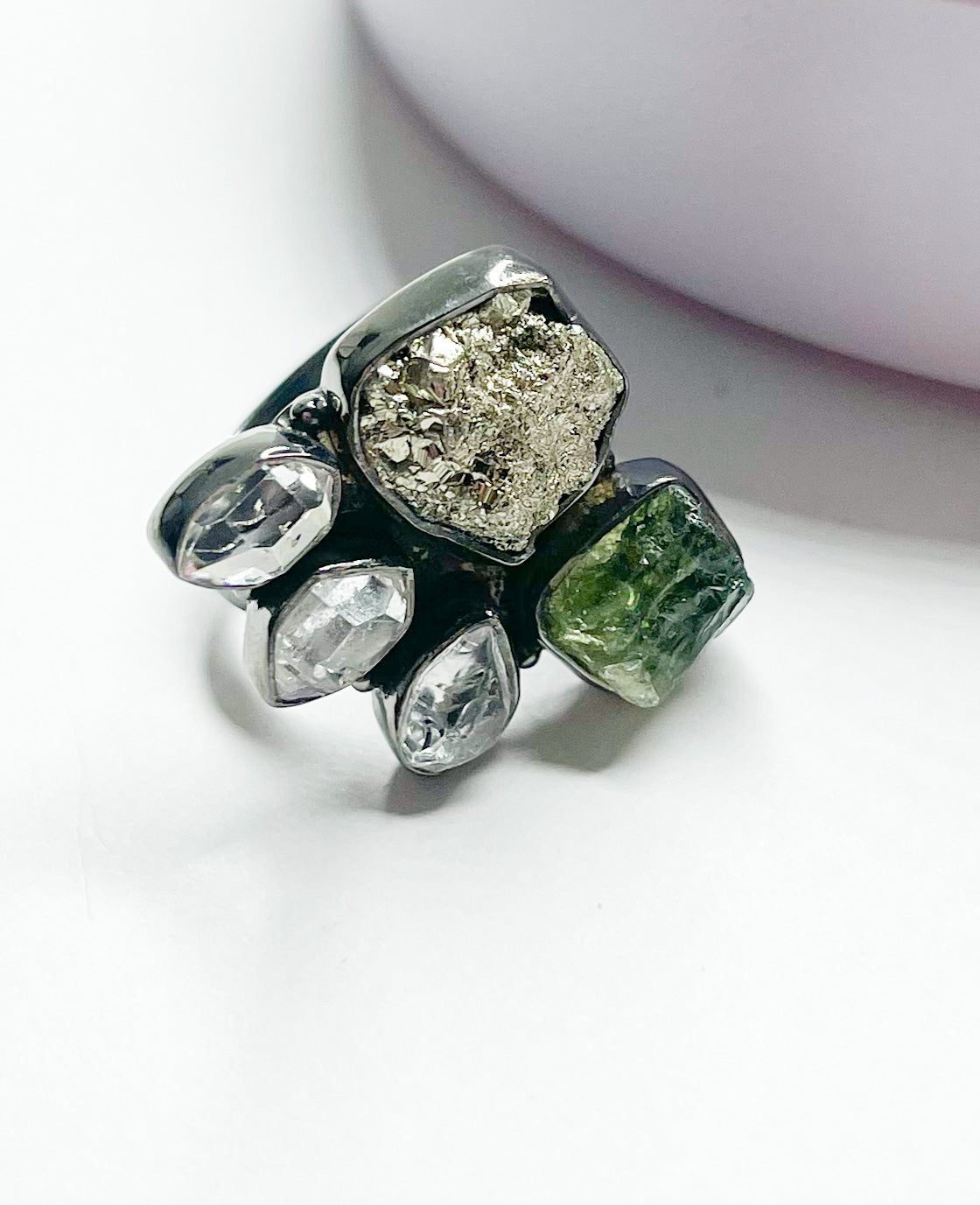 Pyrite, Herkimer Diamond & Green Appetite Ring -  Solid Sterling Silver