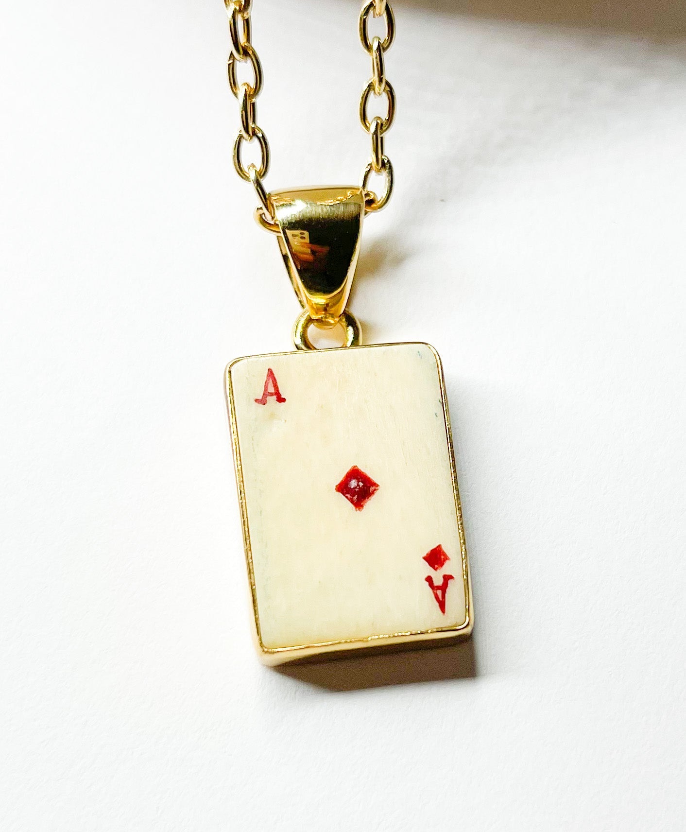 Dainty Ace Of Diamond Vintage Bone Card Pendant - Alchemia