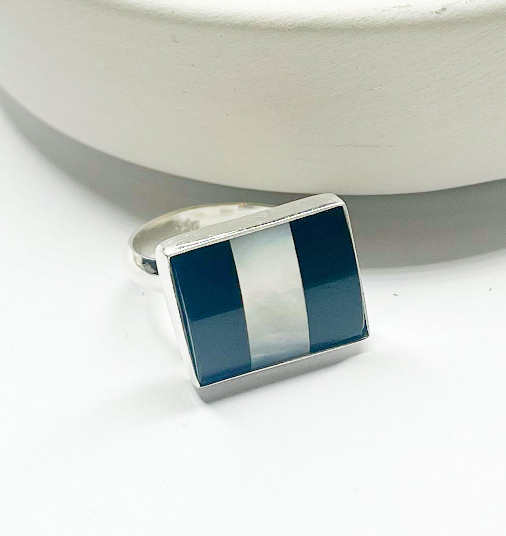 Load image into Gallery viewer, Black Onyx and MOP Rectangle Ring-Solid Sterling Silver
