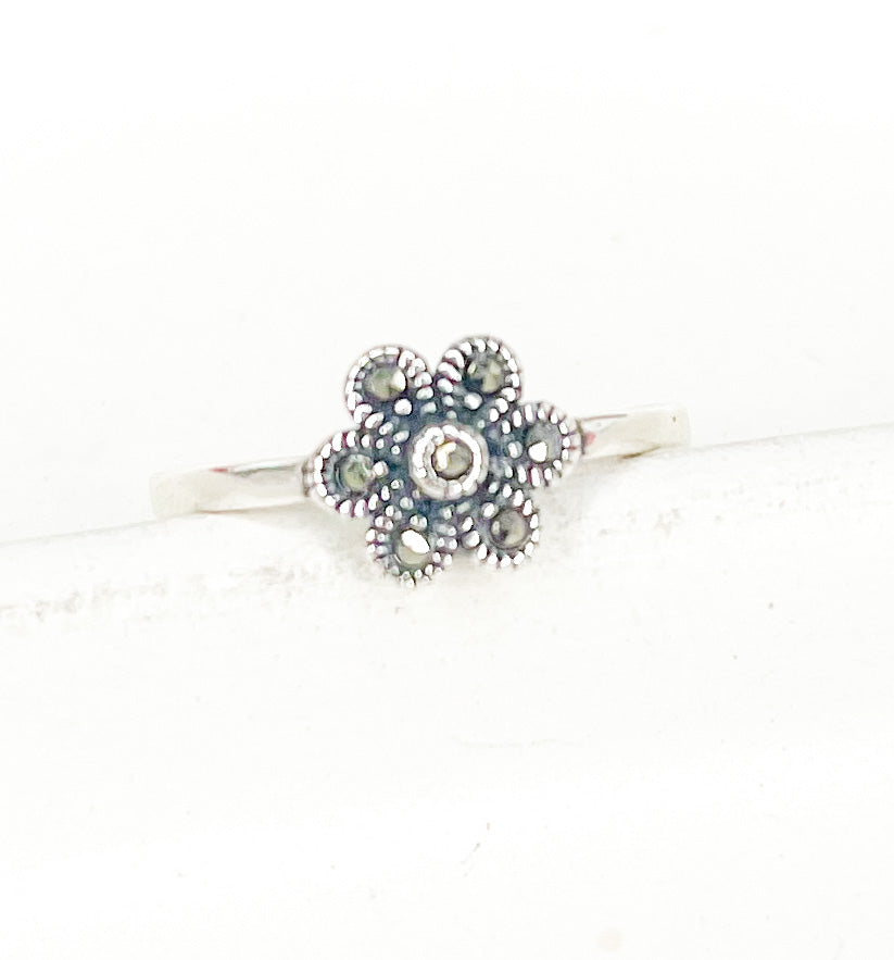 Marcasite Size 6 Flower Sized Ring-Solid Sterling Silver