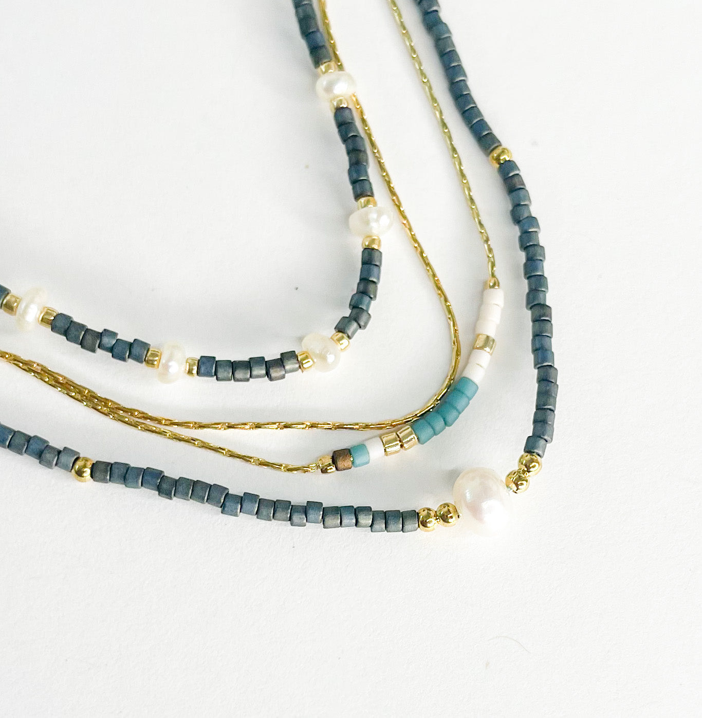 Gray Pearl Rope Stack w Blue, White, Gold Bracelet