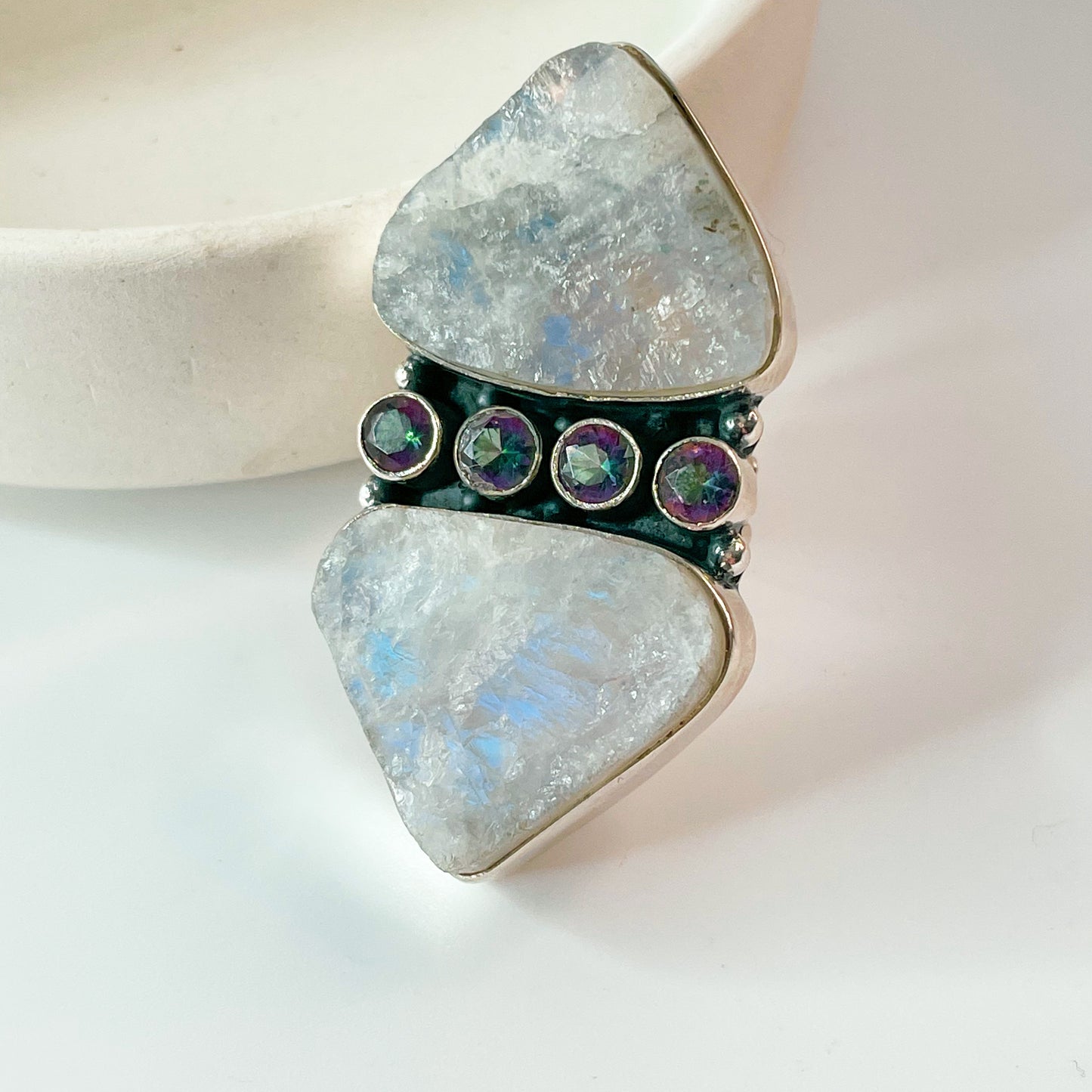 Moonstone & Mystic Crawler Ring - Solid Sterling Silver