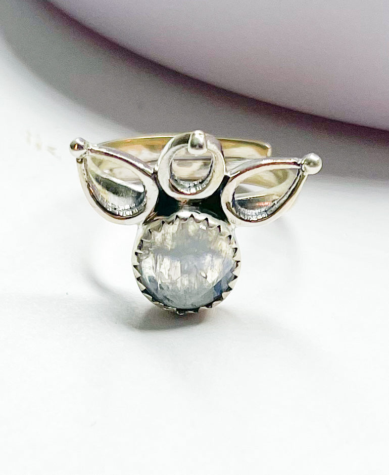 Rainbow Moonstone Paw Ring - Solid Sterling Silver
