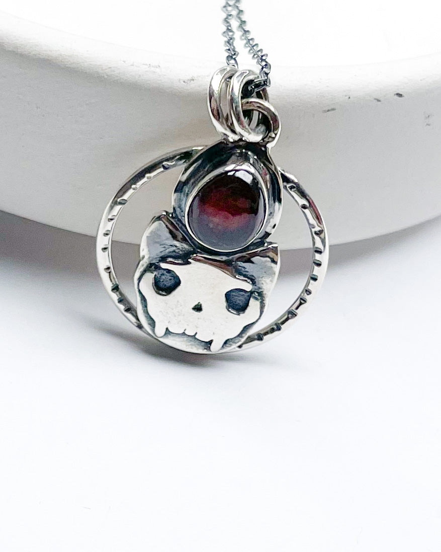 Load image into Gallery viewer, Wicked Kitty W Garnet Pendant-Solid Sterling Silver
