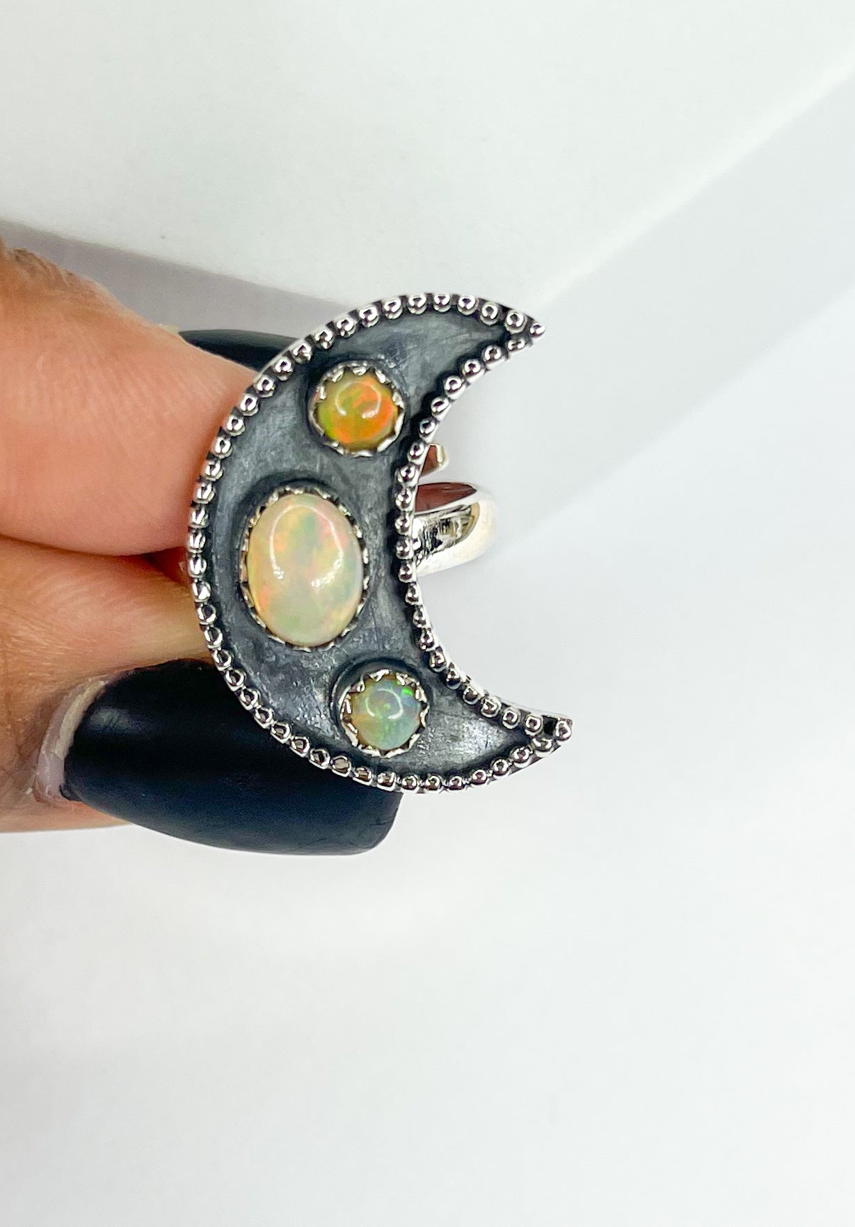 Ethiopian Opal Crescent Moon Ring - Solid Sterling Silver