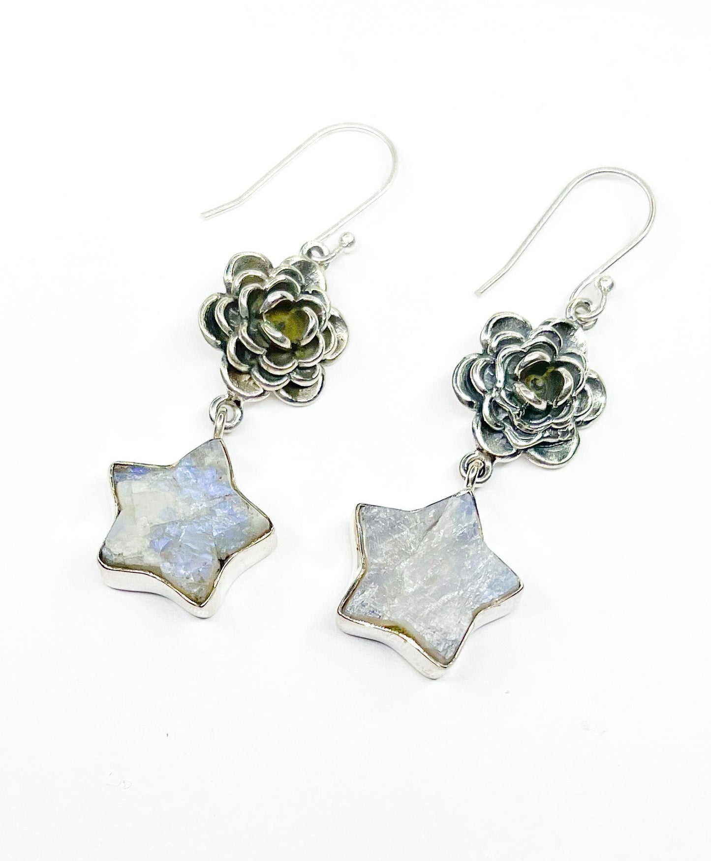Raw Rainbow Moonstone and Rose Dangle Earrings-Solid Sterling silver