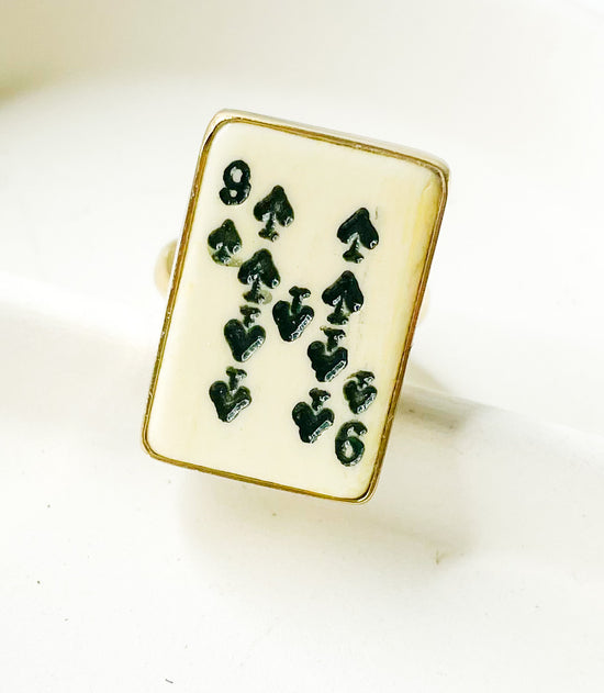 Dainty 9  Of Spades Bone Card Ring - Alchemia