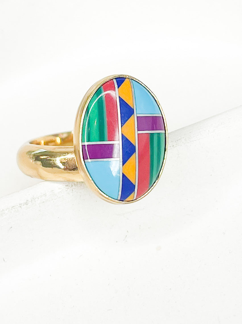 Mosaic Inlay Oval Ring - Both Metals