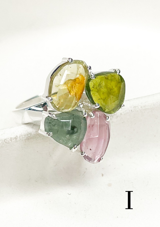 Load image into Gallery viewer, Silver Tourmaline Cluster Bezel Prong Ring - Solid Sterling Silver
