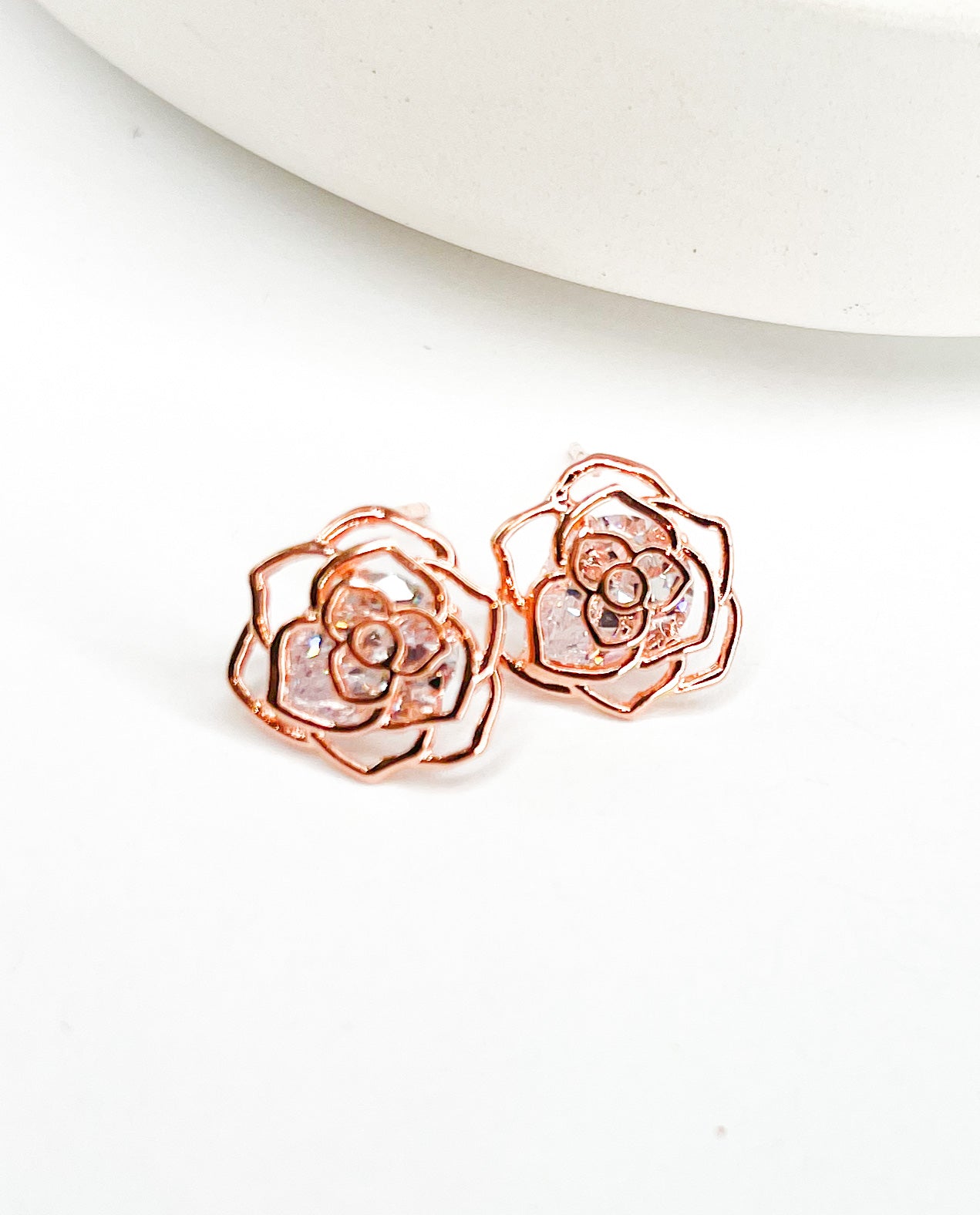 Rose Gold Flower CZ Stud - Solid Sterling Silver
