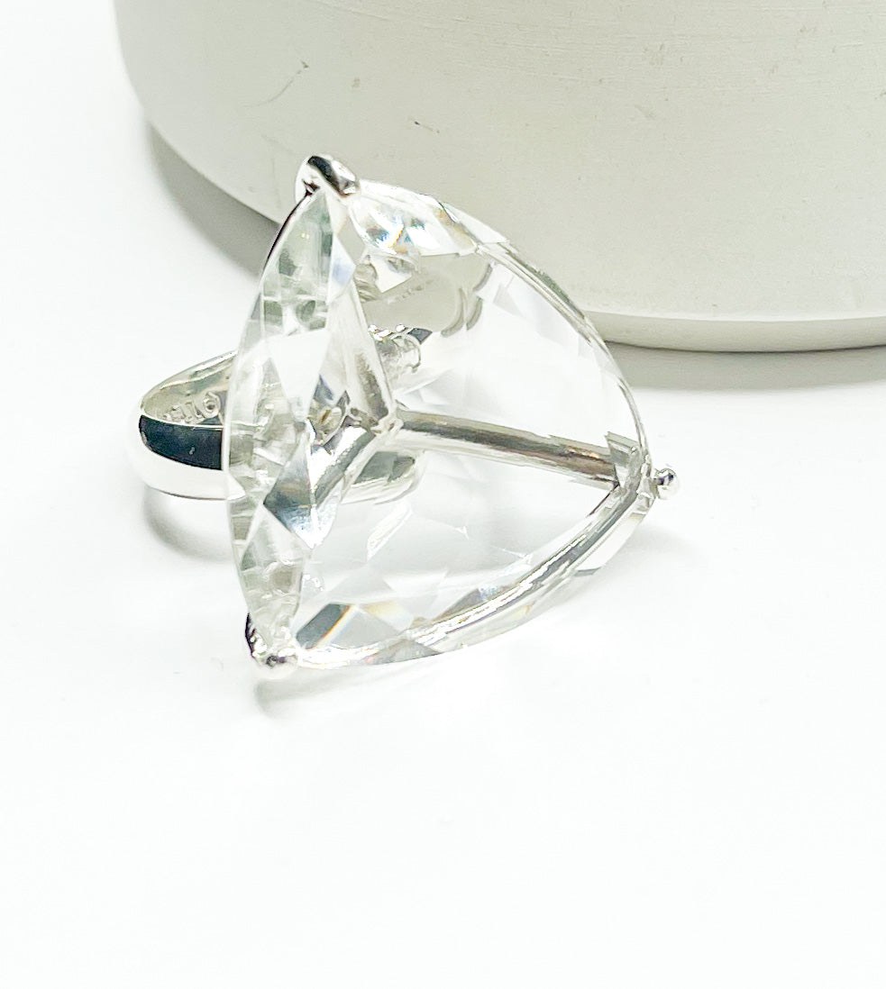 Trillion Clear Glass Prong Ring- Solid Sterling Silver