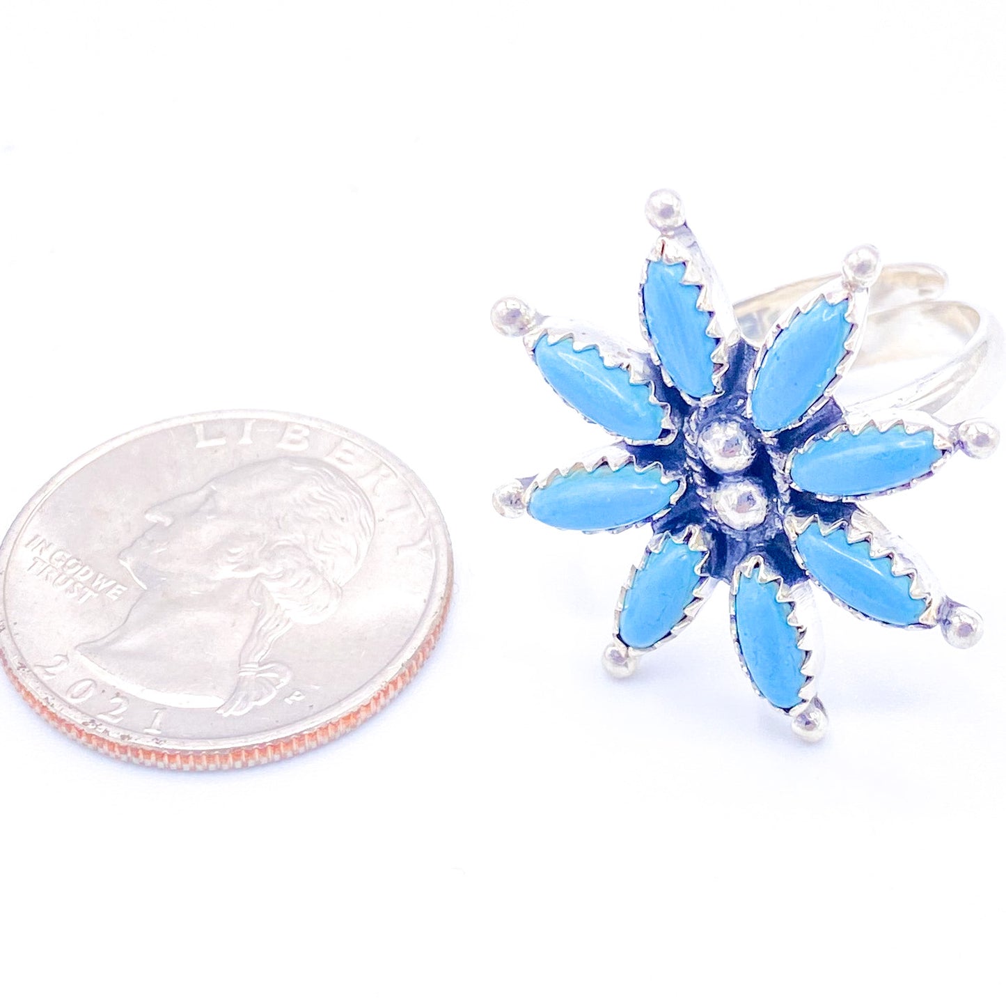 Arizona Turquoise Flower- SS Center Ring -Solid Sterling Silver