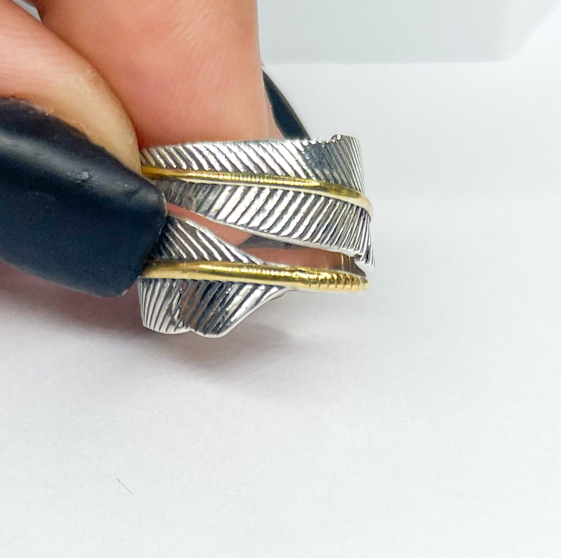 Wrap Leaf & Gold Trim Ring - Solid Sterling Silver