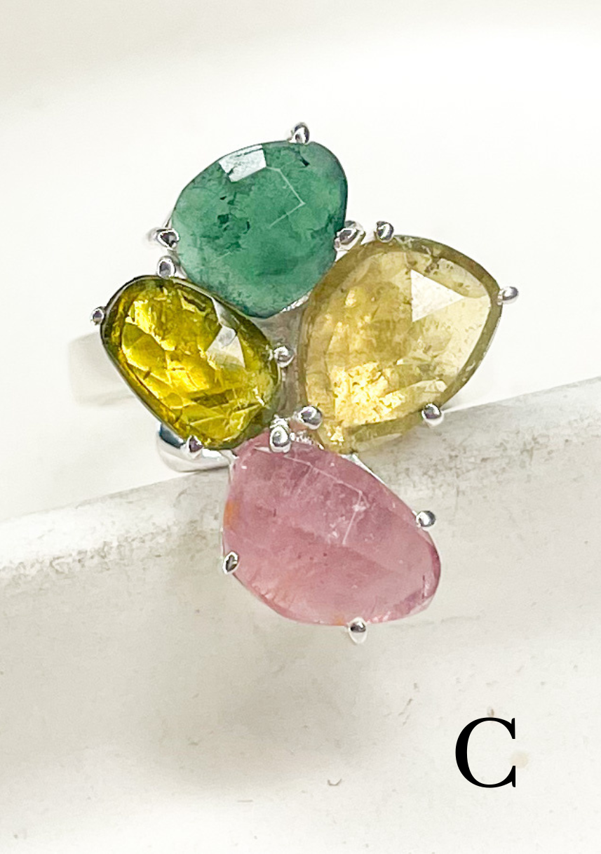 Silver Tourmaline Cluster Bezel Prong Ring - Solid Sterling Silver