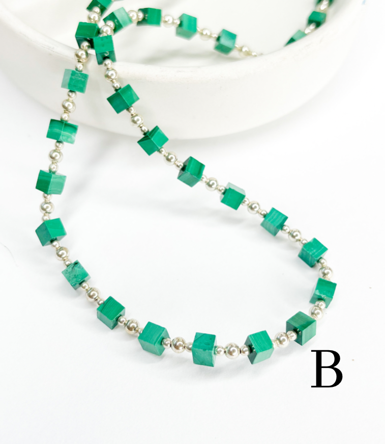 Malachite Box Necklace - Solid Sterling Silver