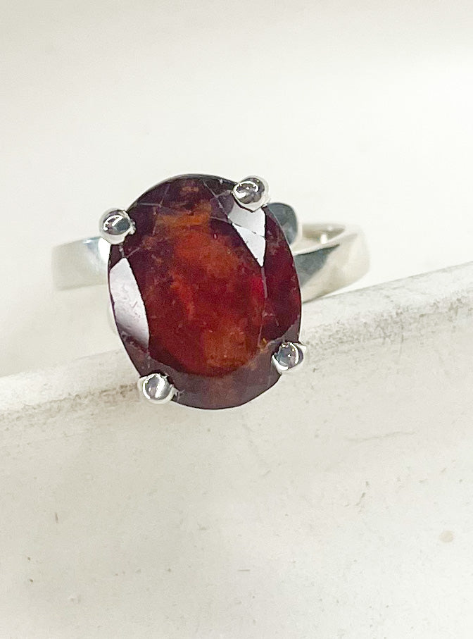 Hessonite Garnet Prong Ring - Solid Sterling Silver