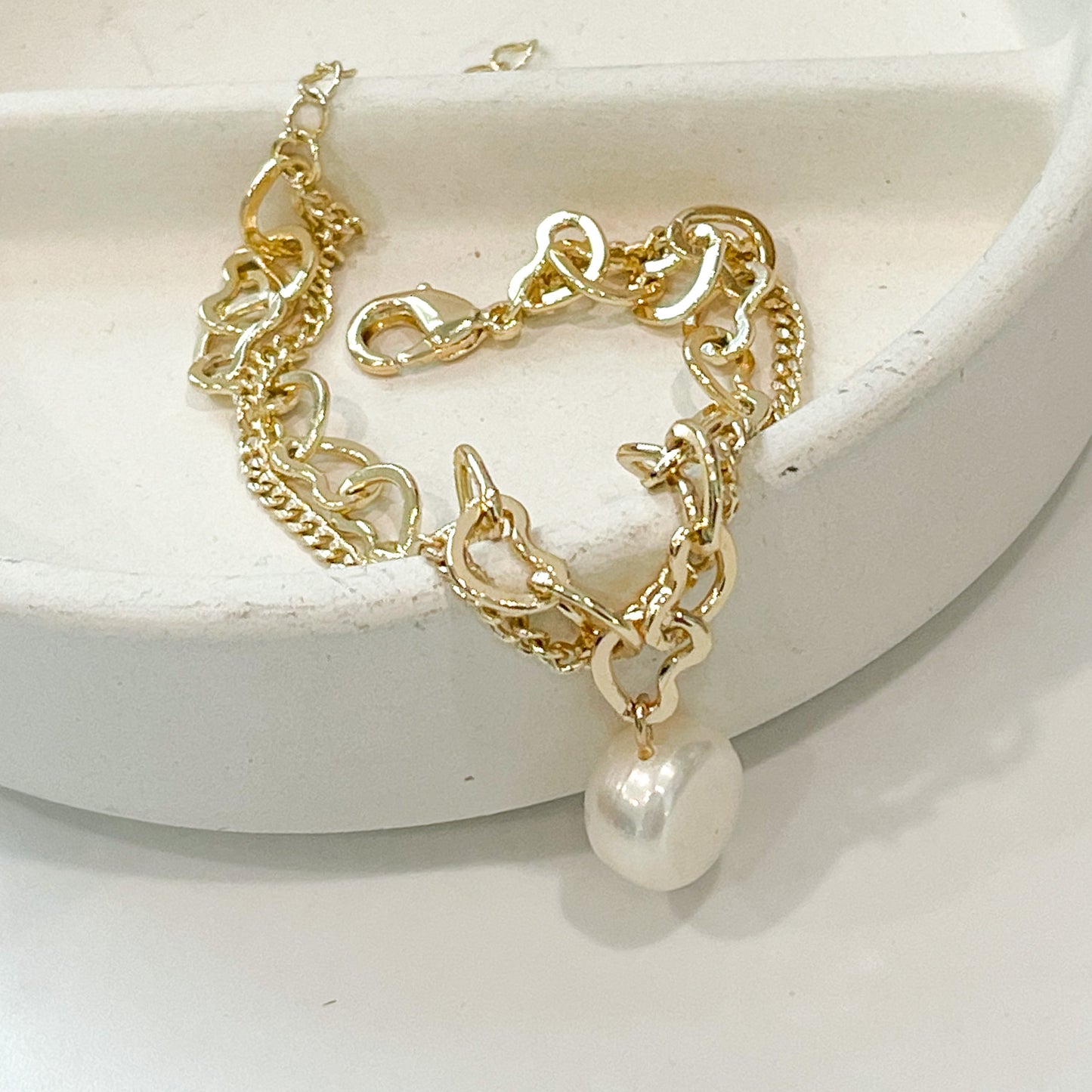 Heart & Cuban Pearl Stack Bracelet - 18k Gold Filled