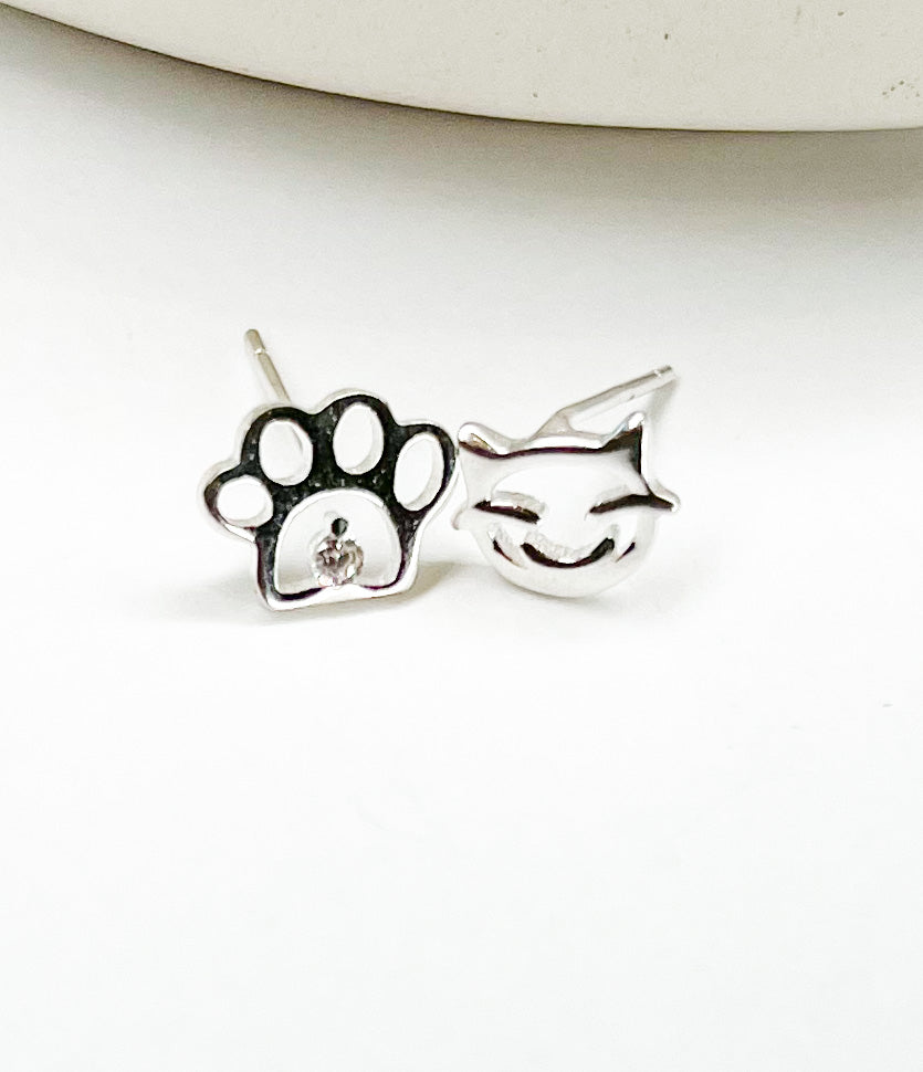 Cat Face & Paw Studs - Solid Sterling Silver