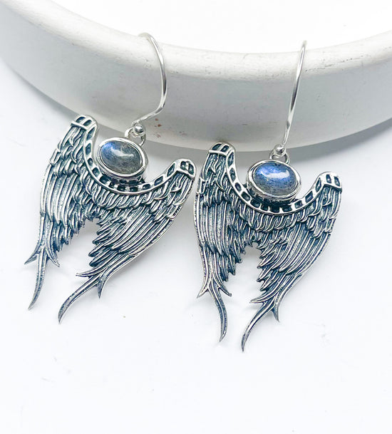 Labradorite Angel Wings Dangles - Solid Sterling Silver