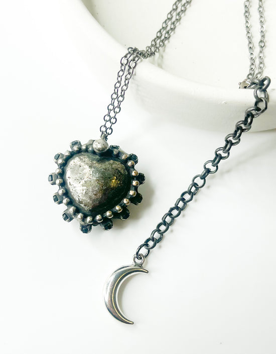 Pyrite Puff Heart Necklace- Chunky Grunge