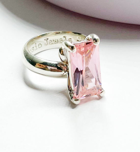 Load image into Gallery viewer, Pink CZ Rectangle Prong Ring - Solid Sterling Silver
