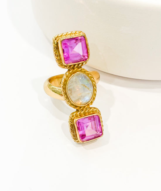 Lab Pink And Moonstone Adjustable ring-Alchemia