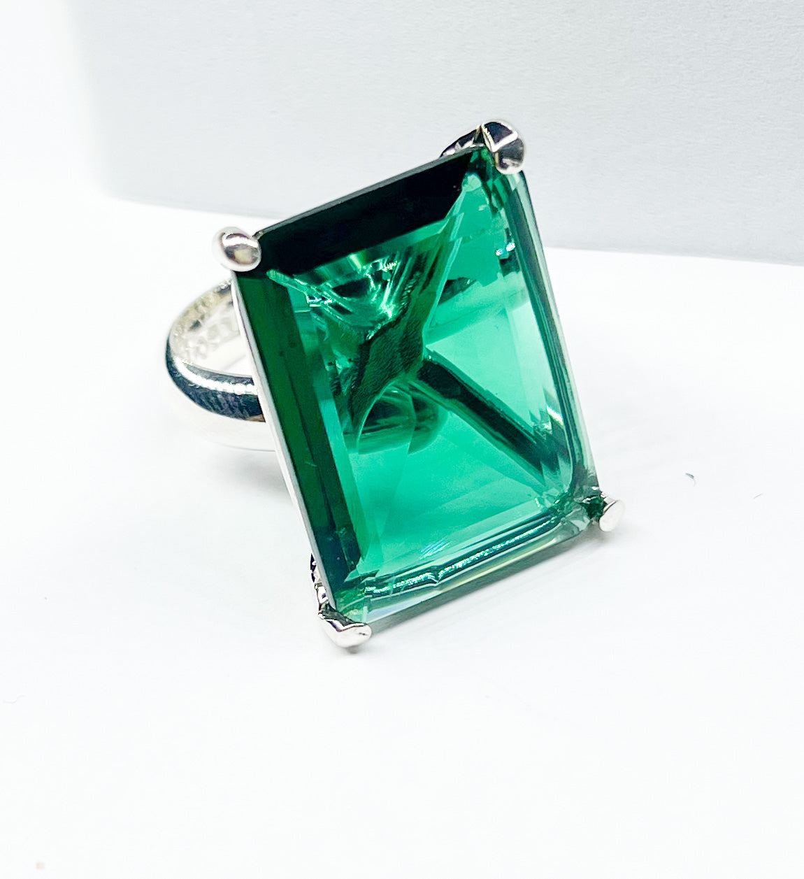 Teal Green Nano Glass Prong Ring - Solid Sterling Silver