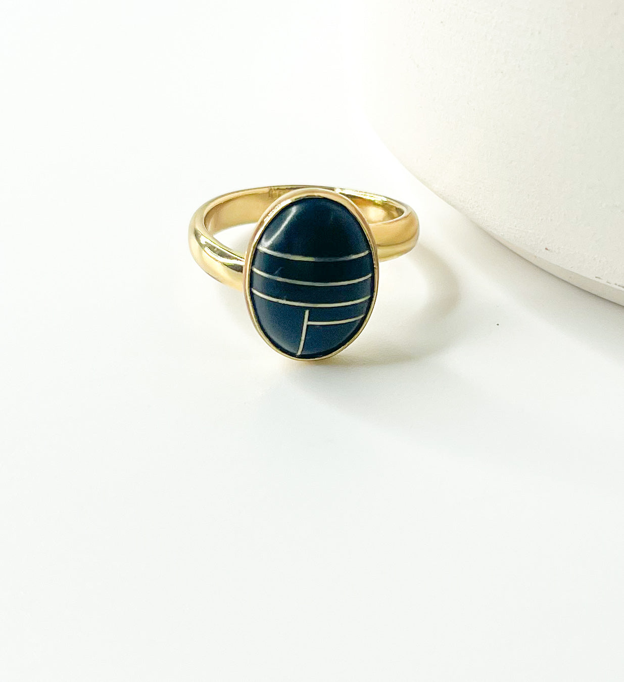 Black Onyx w Gold Line Adjustable Ring - Alchemia & Sterling Silver