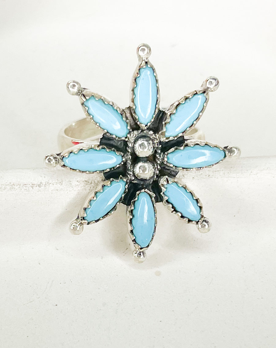 Arizona Turquoise Flower- SS Center Ring -Solid Sterling Silver