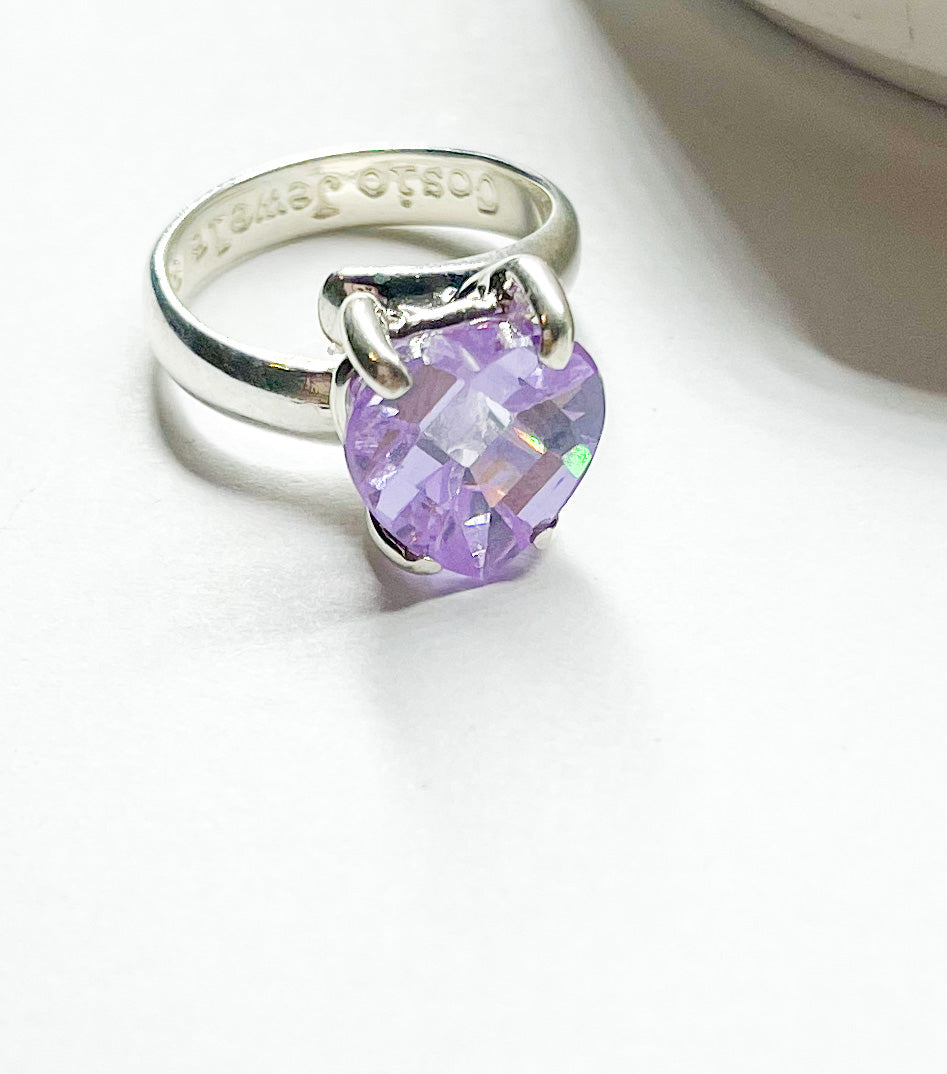Purple CZ Heart Prong Ring - Solid Sterling Silver
