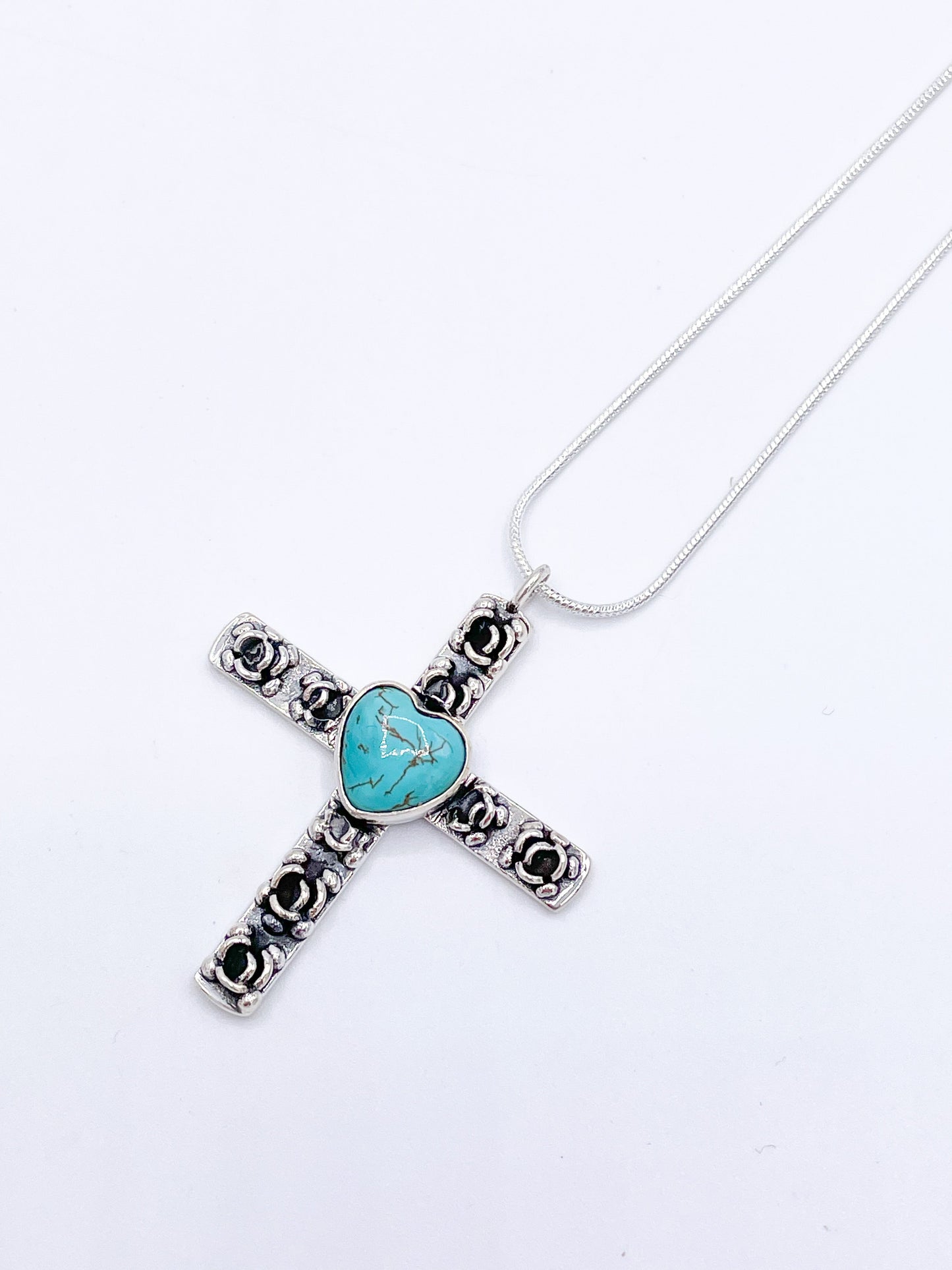 Tibetan Turquoise Cross Pendant - Solid Sterling Silver