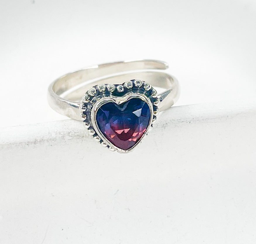 Load image into Gallery viewer, Red And Blue Dainty Glass Heart Adjustable Ring-Solid Sterling Silver
