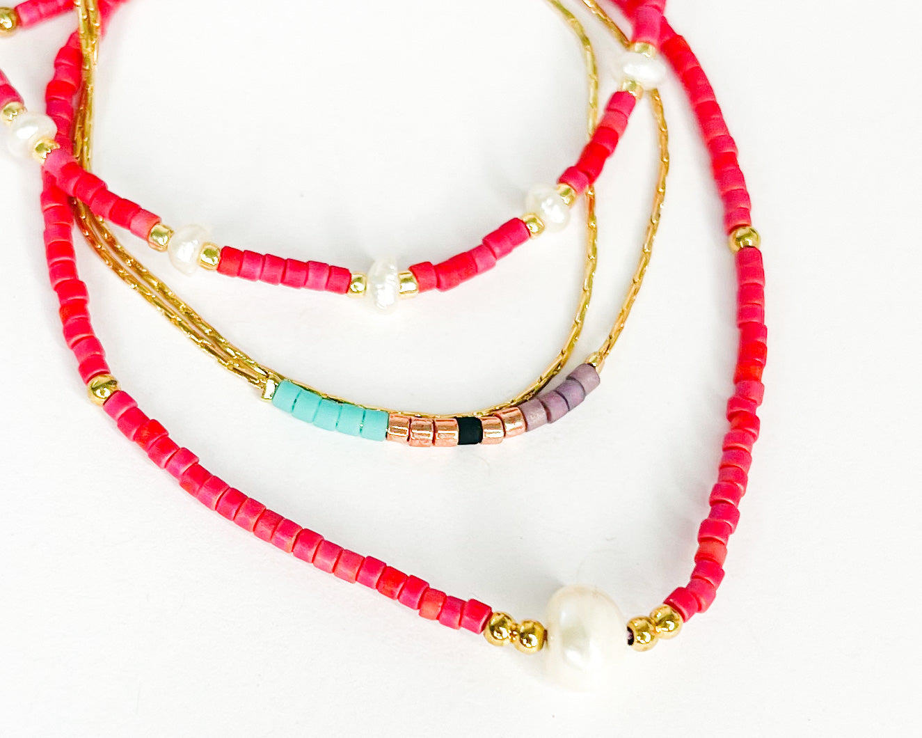 Red Pearl Rope Stack w Blue, Plum, Gold Bracelet