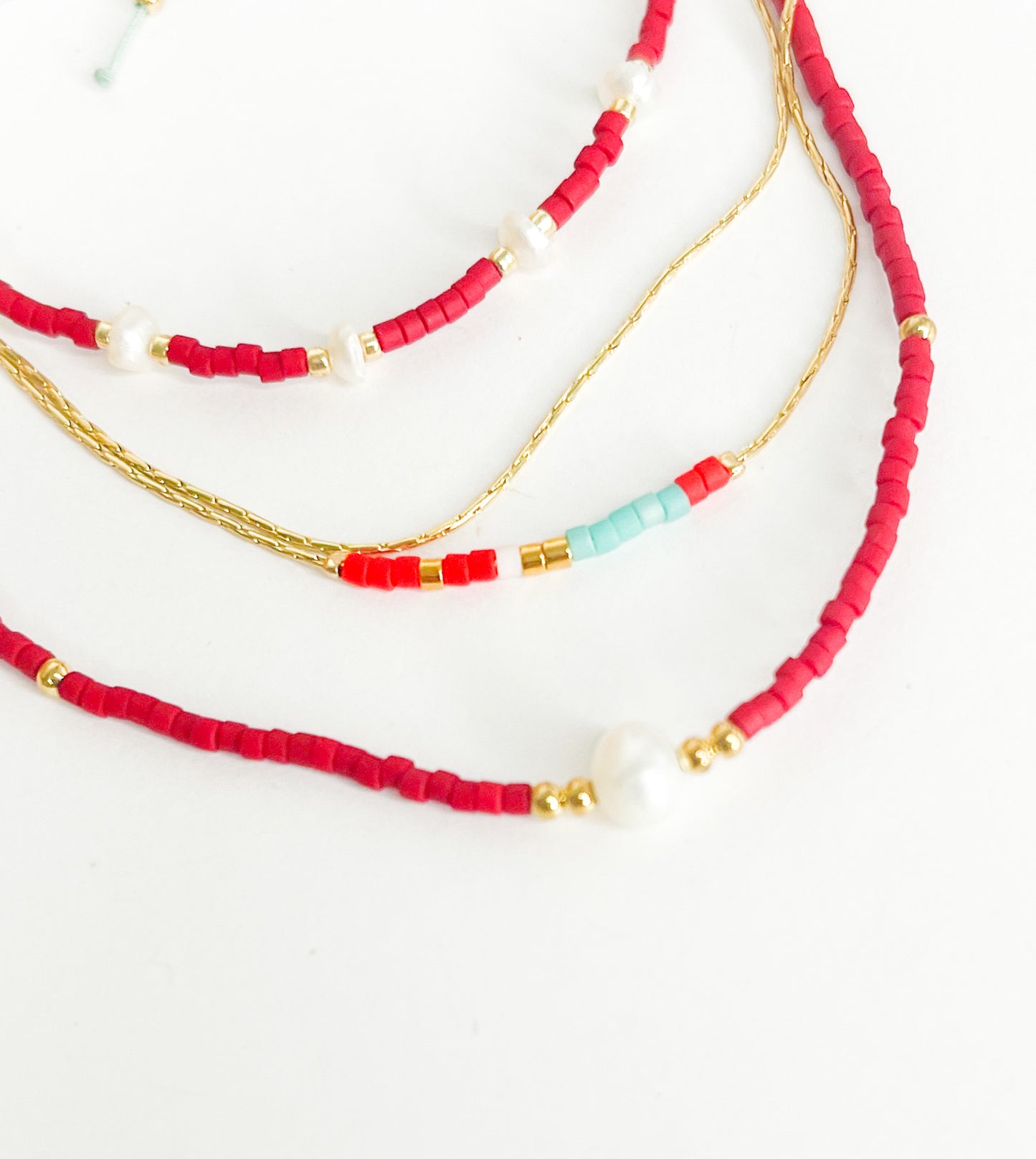 Red Pearl Rope stack Set W Blue Coral Gold-Rope Stack