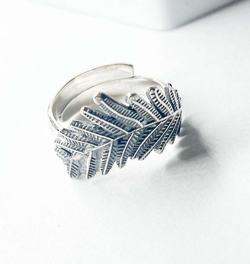 Band Style Leaf Adjustable Ring - Solid Sterling Silver