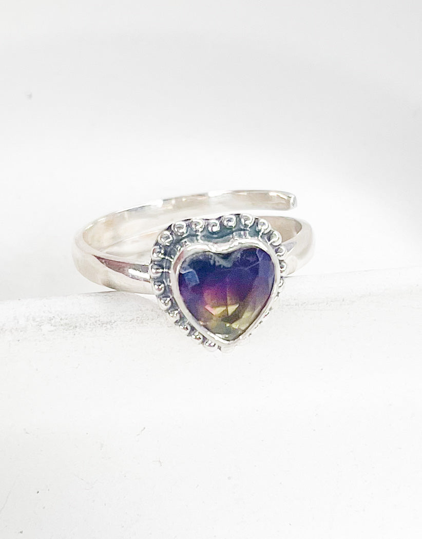 Purple Yellow Dainty Glass Heart Adjustable Ring-Solid Sterling Silver