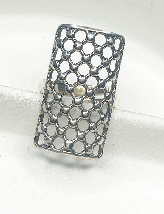 Rectangle Mesh Adjustable Ring - Solid Sterling Silver