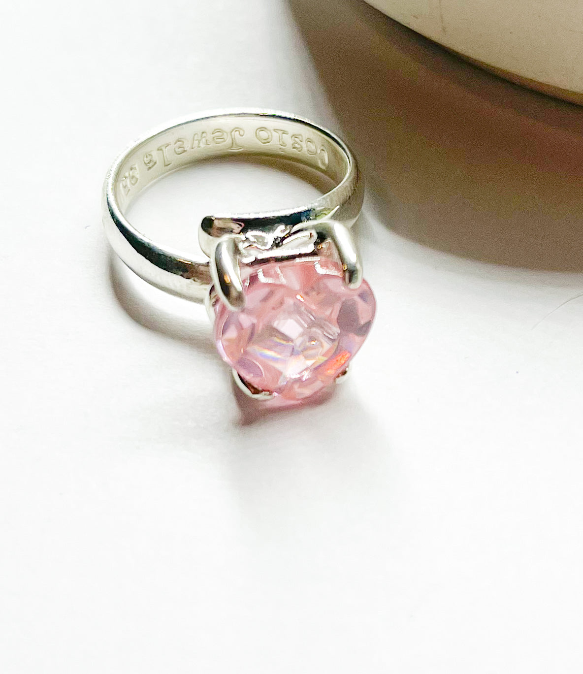 Soft Pink Heart CZ Prong Ring - Solid Sterling Silver