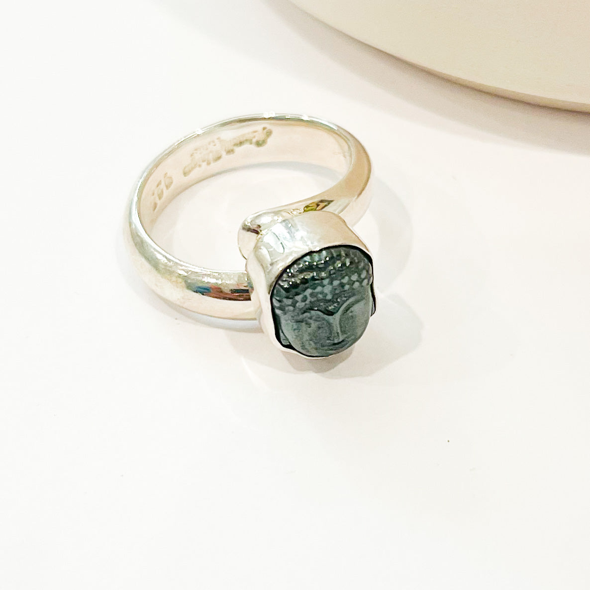 Hematite Dainty Buddha Ring -Solid Sterling Silver