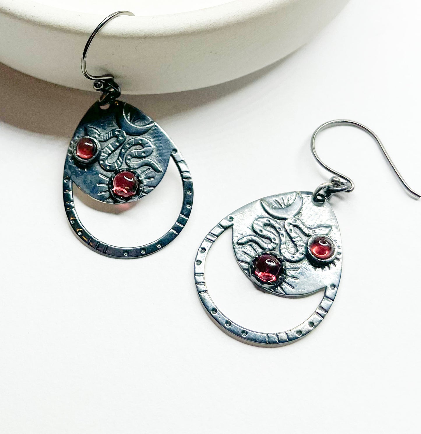Garnet Serpent Moon Earrings - Solid Sterling Silver