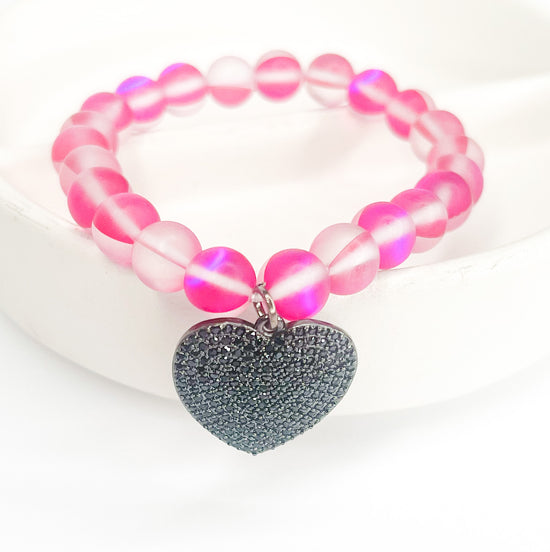 Pink Beaded W Heart CZ Fiber Optic Bracelet-Stretch Beaded