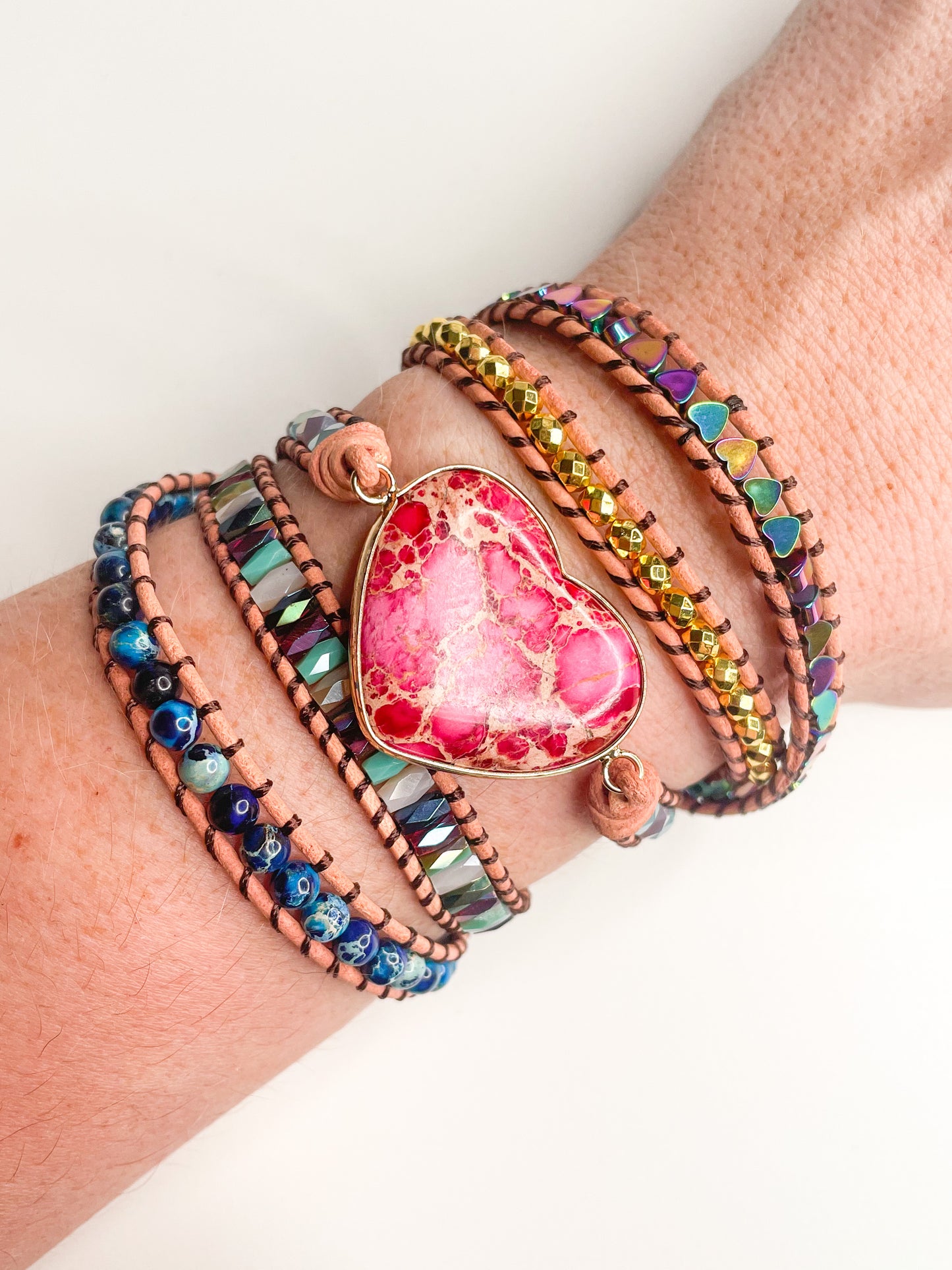 Pink Heart Agate 5-time Boho Wrap - Leather