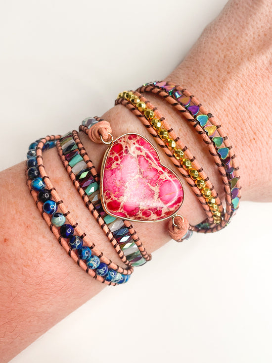 Pink Heart Agate 5-time Boho Wrap - Leather