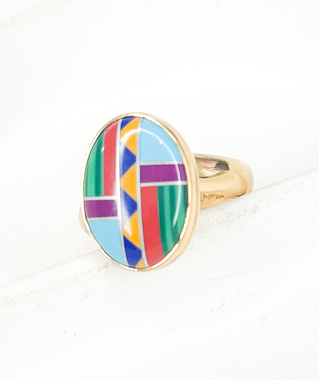 Mosaic Inlay Oval Ring - Both Metals