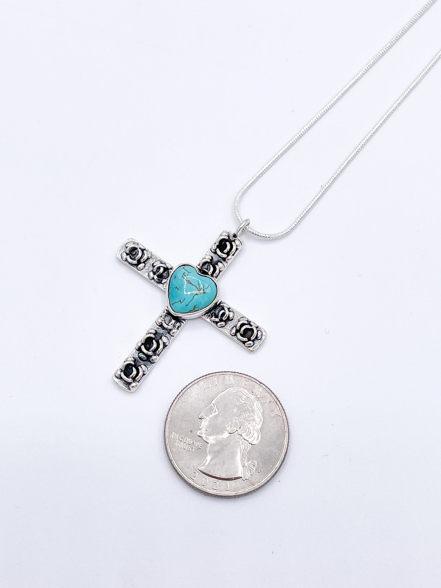 Tibetan Turquoise Cross Pendant - Solid Sterling Silver