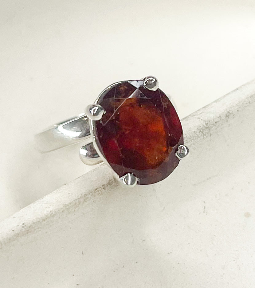 Hessonite Garnet Prong Ring - Solid Sterling Silver
